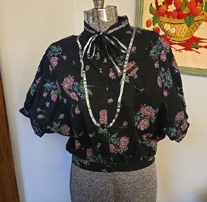 Kimchi Blue Floral Cropped Puffy Peasant Blouse with Ribbon Needlepoint Print